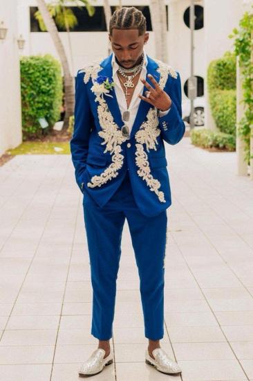 Tom Fashion Blue Notched Lapel Two Piece Prom Suits With Beading_1