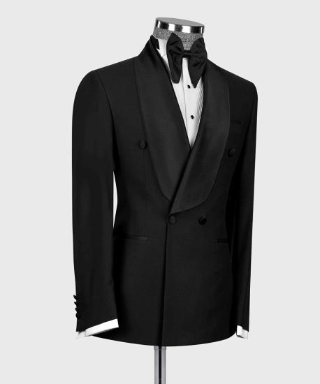 Black Double Breasted Flap Wool Blend Shawl Collar Men Wedding Suit_2