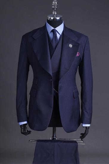 Men Navy Blue 3 Piece Wide Peak Lapel Business Suit Custom Formal Wedding Vest Pants Set_1