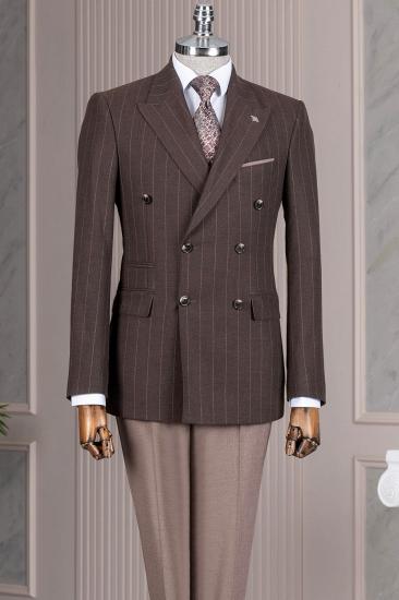 Gentlemen Double Breasted Chocolate Brown Pinstripe Two Pieces Business Suit_1