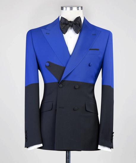 Blue and Black Double Breasted Pointed Lapel Prom Suit_3