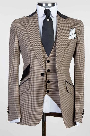 Khaki Plaid Pointed Collar Wool Men's Three Piece Suit with Full Personality | Wedding Suit_1