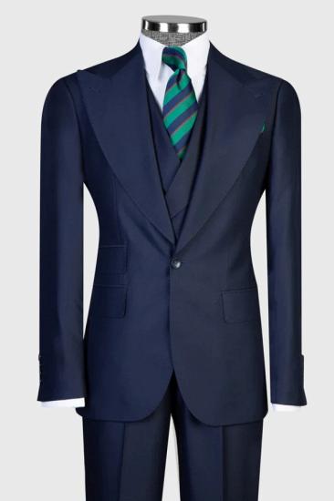 Brady Classic Dark Blue Peak Lapel Wool Three Piece Men Business Two Piece Suit_1