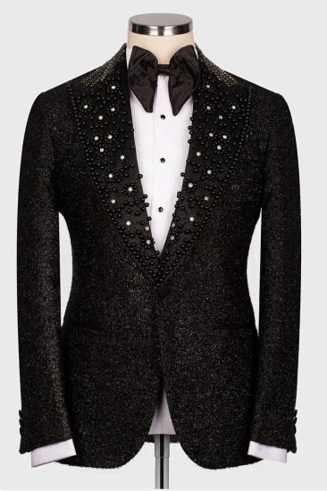 Shiny Slim  Beadings Crystals Black Two Piece Men Wedding Suit for Groom_1