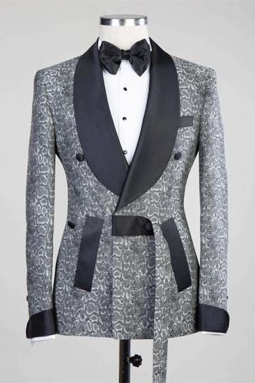 Khalil Grey Double Breasted Jacquard Wedding Mens Suit with Black Lapel_5