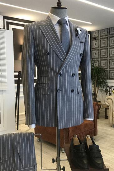 Dark Gray Lapel Double Breasted Striped Peaked Formal Business Men Two Piece Suits
