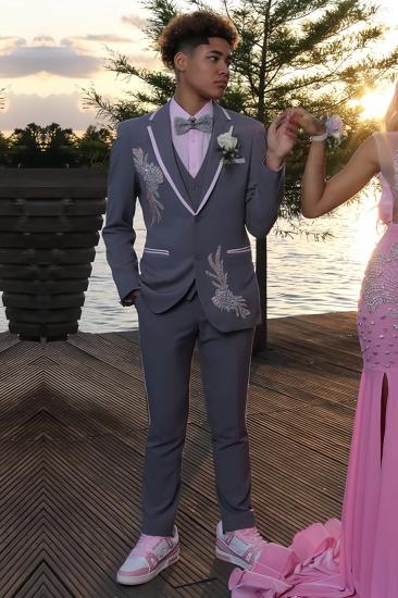 Harry Bespoke Dark Gray Notched Lapel Three-Piece Beaded Prom Suit_1
