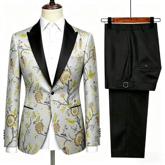 Men White 3D Floral Embroidered Black Lapel Two Piece Tuxedo Suit_3