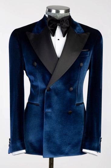 Dark Blue Peak Collar Cashmere Mens Double Breasted Wedding Prom Suit_1