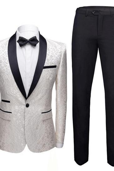 White Jacquard One Button Wedding Tuexdos | Black Shawl Lapel Mens Suit (Jacket Pants)_3