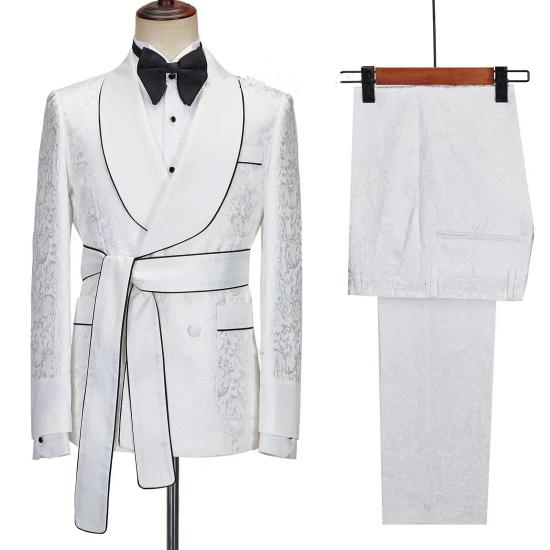Elegant White Men Robe Set Shawl Collar Two Piece | Belted Banquet Suit_2