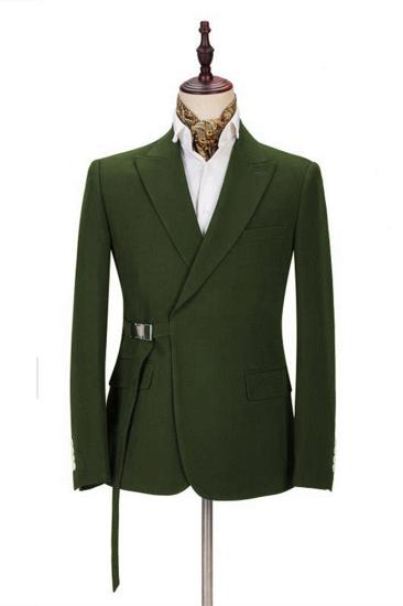 Olive Green Custom Peak Lapel Mens Prom Suits_1