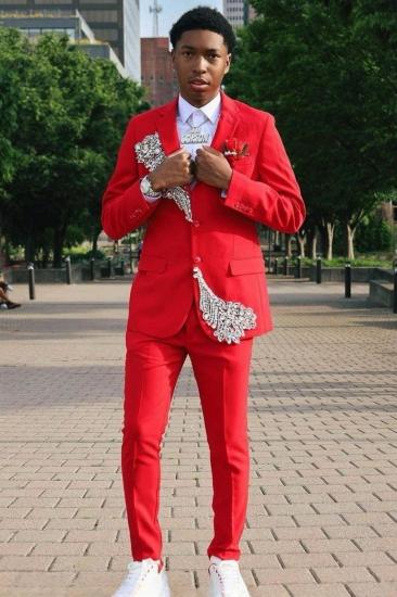 Modern Red Slim Notched Lapel Two Piece Prom Suits With Beading_1