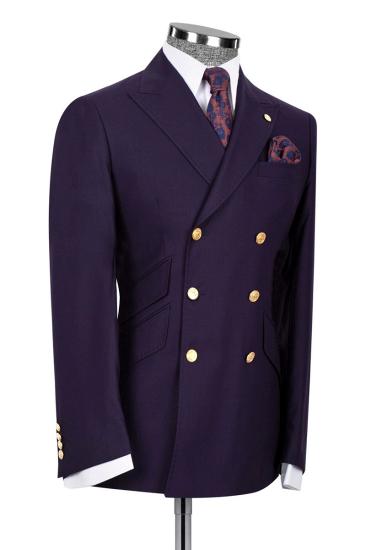 Dark Purple Wool Blend Double Breasted Six Button Men Two Piece Suit Scoop Neck,_2
