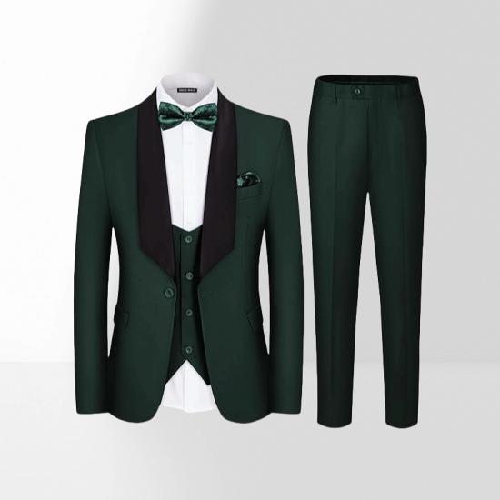 Dark Green Slim Fit Black Shawl Collar Single Breasted Men's Three Piece Prom Suit_2