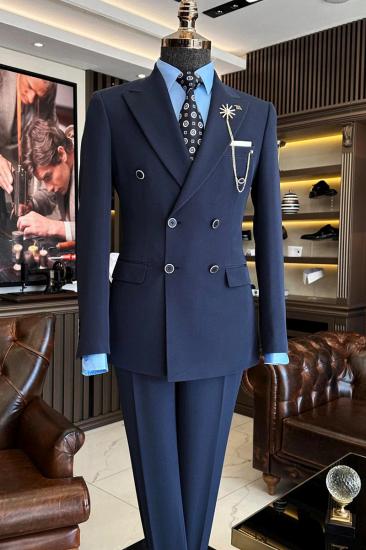Italian Simple Navy Blue Pointed Collar Double Breasted Two Piece Slim Fit Suits_2
