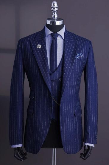 Shiny Navy Blue Peaked Lapel Three Piece Striped Suit | Bright Silver Stripes_3