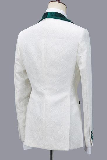 Jeffery Fashion Jacquard Three-Piece Green Lapel White Wedding Suit_2