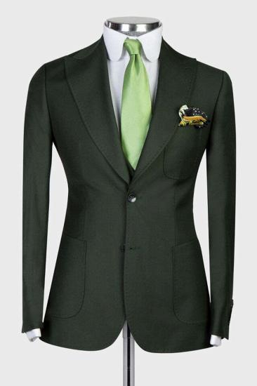Chic dark green pointed lapel three-piece business men's suit_2