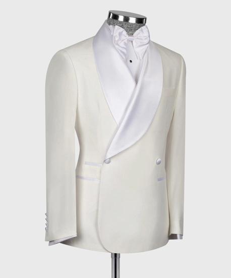 Ivory Double Breasted Shawl Lapel Men Wedding Two Piece Suits_3