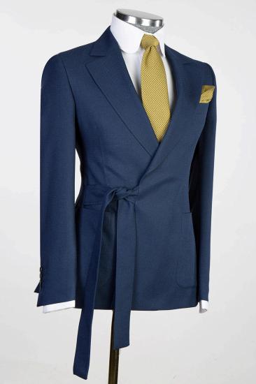 Dark Blue Open Collar Mens Two Piece Prom Suit | Adjustable Belt_2