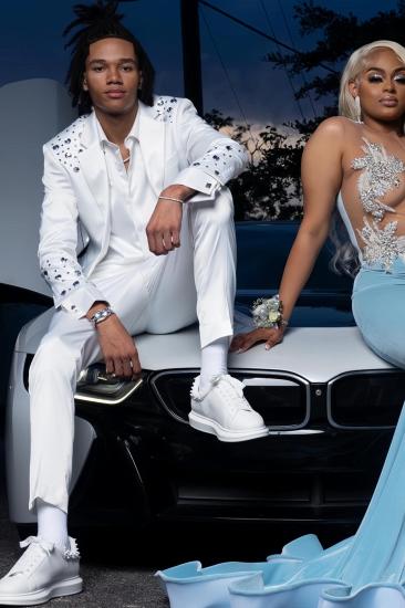 Elegant White Slim Notched Lapel Crystal Two Pieces Prom Suits_1