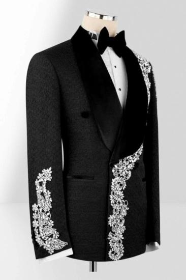 Brady Men's Black Double-Breasted Tuxedo with Silver Embroidery Prom Suit_2