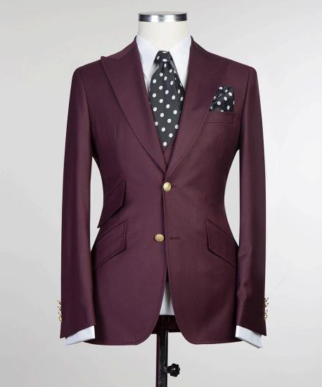 Fashion Burgundy Three Pieces Peaked Lapel Men Suits_5