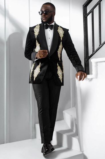 Hansen Fashion Black Velvet Shawl Lapel Beading Two Pieces Prom Suits_1