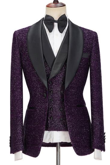 Caleb Bespoke Dark Purple Glitter Shawl Lapel Three Piece Men Suit_1