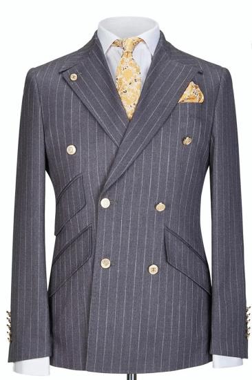 Gray Lapel Gold Button Double Breasted Striped Men Two Piece Suit_1