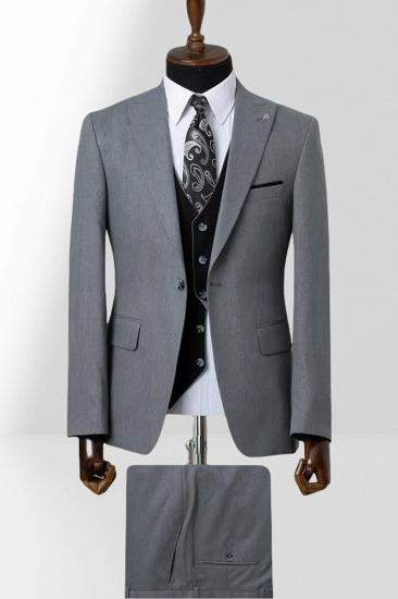 Grey Single Breasted Groom Three Piece Wedding Suit With Black Vest_1