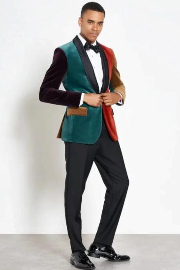 Peter Dark Green Burgundy Patchwork Velvet One Button Prom Suit | Bradymensuit_2