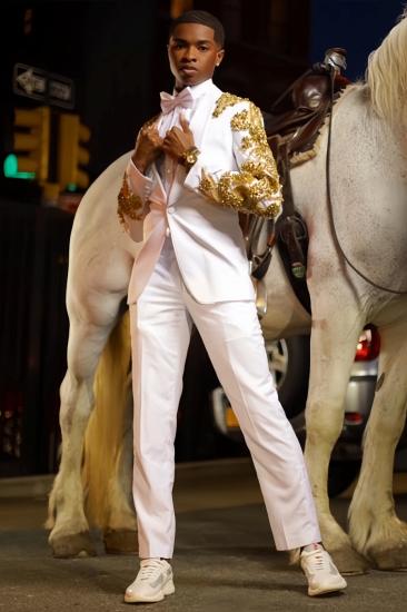 Edson Generous White Shawl Lapel Beading Two Pieces Prom Suits_1