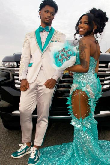 Harrison White Satin Shawl Lapel Beaded Prom Suit_1