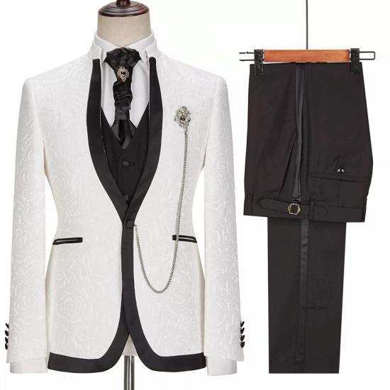 White Jacquard One Button Three-piece Slim Wedding Suit_2
