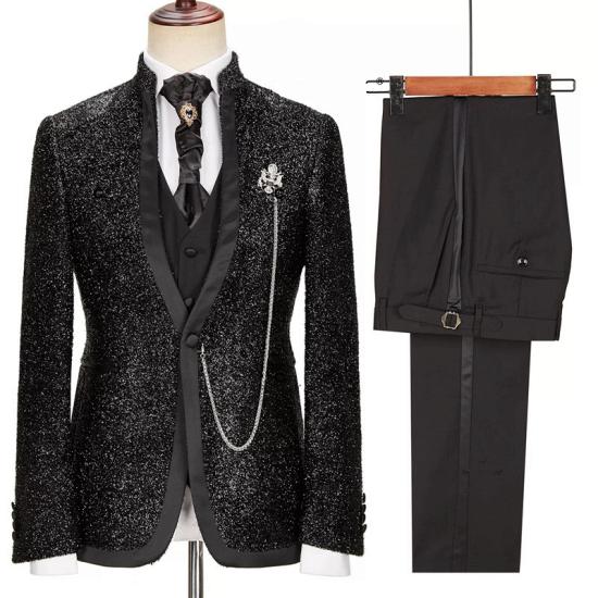 Black Dazzling Stand Collar Stylish Three Piece Prom Suit_2