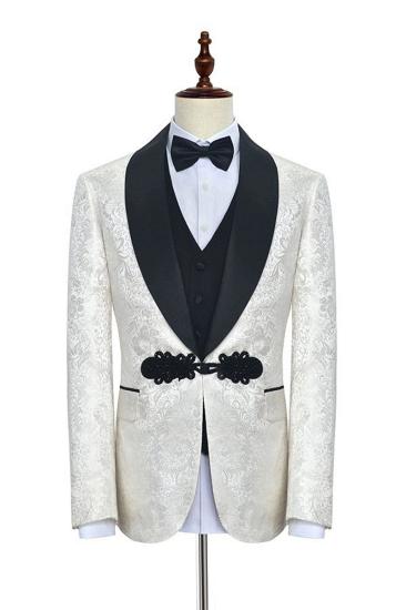 Fashion Knit Buttons Black Shawl Lapel Three Piece White Jacquard Mens Wedding Tuxedo_1