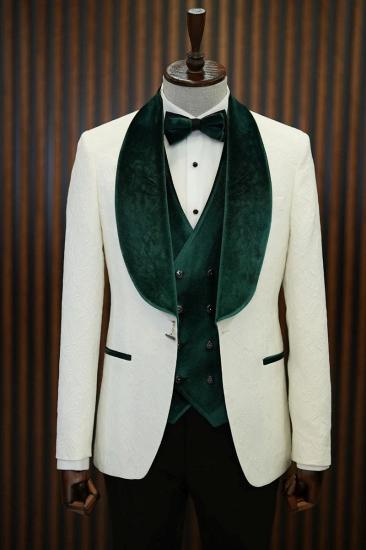 Brady Green Velvet Shawl Lapel Jacquard Mens Slim Three Piece Tuxedo Suit_3