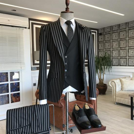 Levi Fashion Black And White Striped Three Piece Point Lapel Men Suit_2