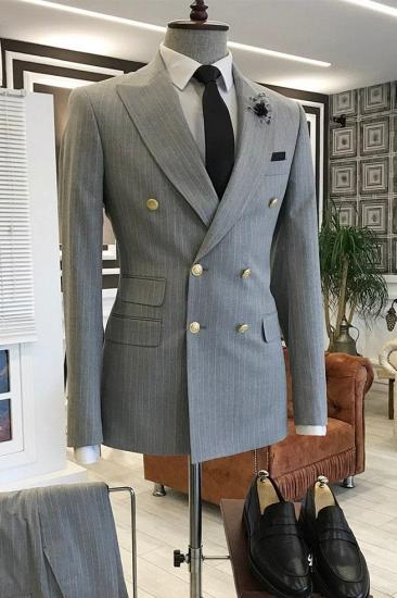 Gray Pinstripe Double Breasted Business Suit with 3 Flapped Pockets_1
