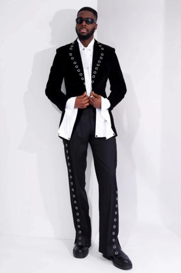 Stylish Black Peaked Lapel Velvet Two Piece Prom Suits With Eyelet Buttons_1