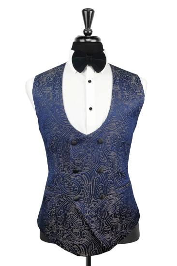 Charming Blue Paisley Jacquard Double Breasted Waistcoat