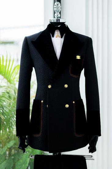 Matt Classical Black Textured Double Breasted Tuxedo Velvet Grid Lapel Gold Button Stitched Pocket Custom Formal Suit Set_1