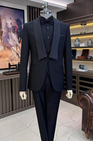 Italian Style Black Modern Slim Fit Shawl Collar Jacket Vest Trousers Groom Suit | Three Suits_1