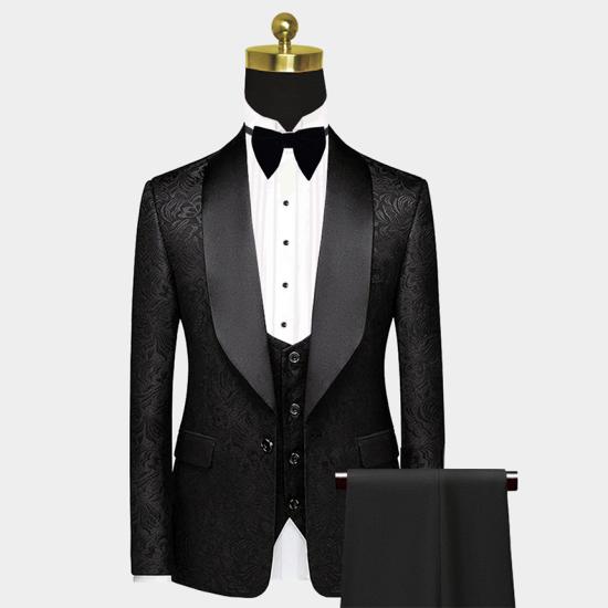 Business Black Mens Suit | Formal Three Piece Jacquard Wedding Suit_6