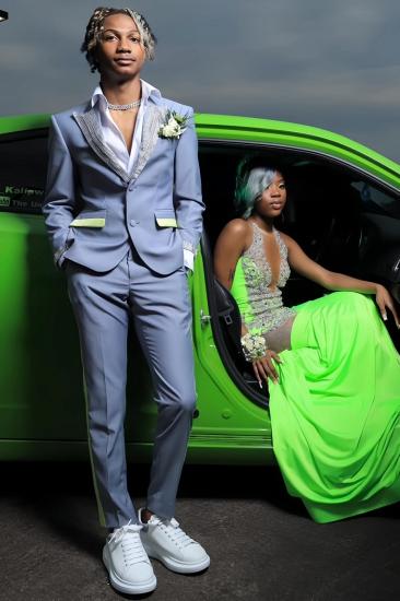 Stylish Blue Two Buttons Peaked Lapel Two Pieces Prom Suits With Beading_1