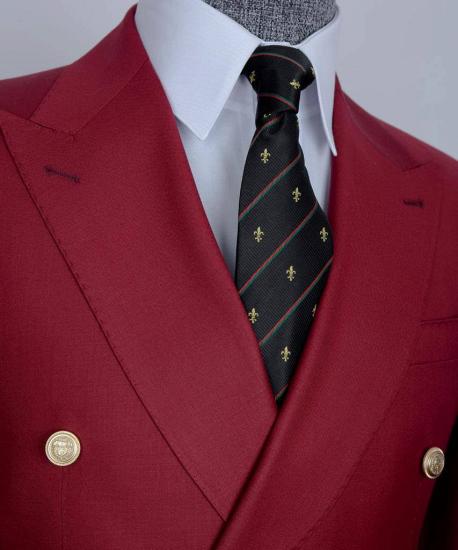 Red Double Breasted Point Collar Tailored Men Prom Suit_2