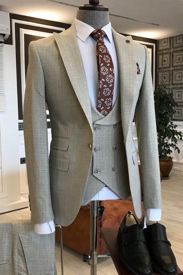 Nelson Fashion Light Brown Small Plaid Pointed Lapel 3 Flaps Business Mens Suit_1