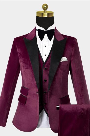 Burgundy Velvet Three-Piece Tuxedo | Mens Point Collar Prom Suit